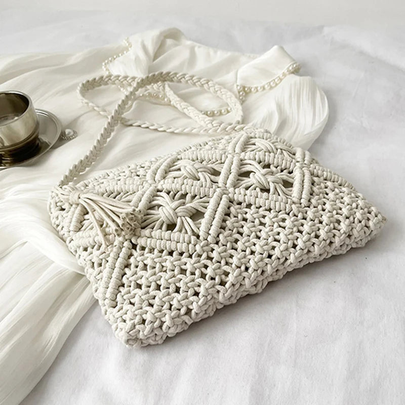 Handmade Straw Crossbody Bag – Women's Hollow Woven Shoulder Purse with Tassel