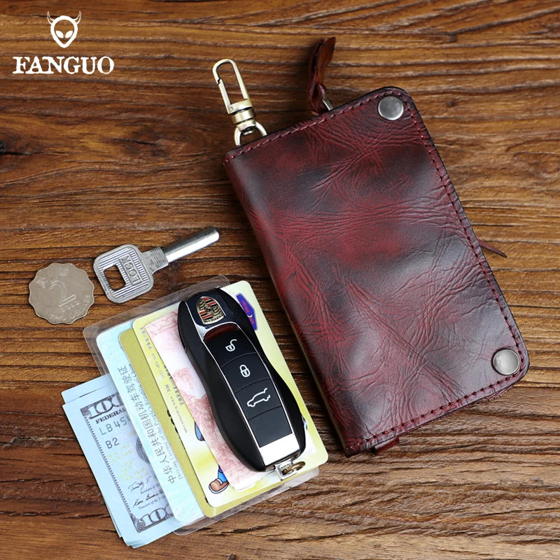 Genuine Leather Key Wallet for Men – Handmade Zipper Key Organizer with Card Slot