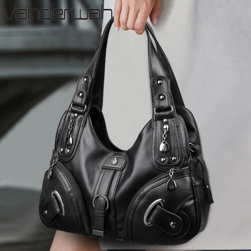 Soft Leather Women's Shoulder Bag – Multi-Pocket Hobo Handbag