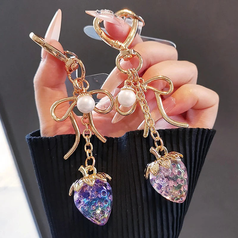 Crystal Strawberry Keychain with Bow & Heart Charm