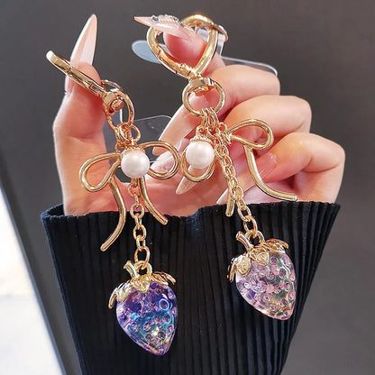 Crystal Strawberry Keychain with Bow & Heart Charm