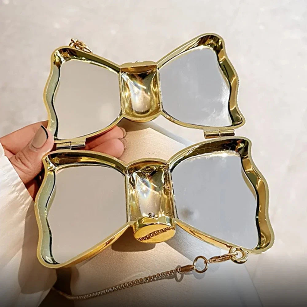 Bow-Shaped Evening Clutch Bag – Gold & Silver Chain Purse