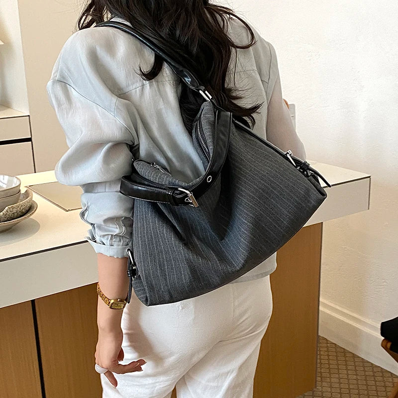 Moods Business Style Shoulder Cross Body Hobo Bags Women Cotton Fabric Striped Large Capacity