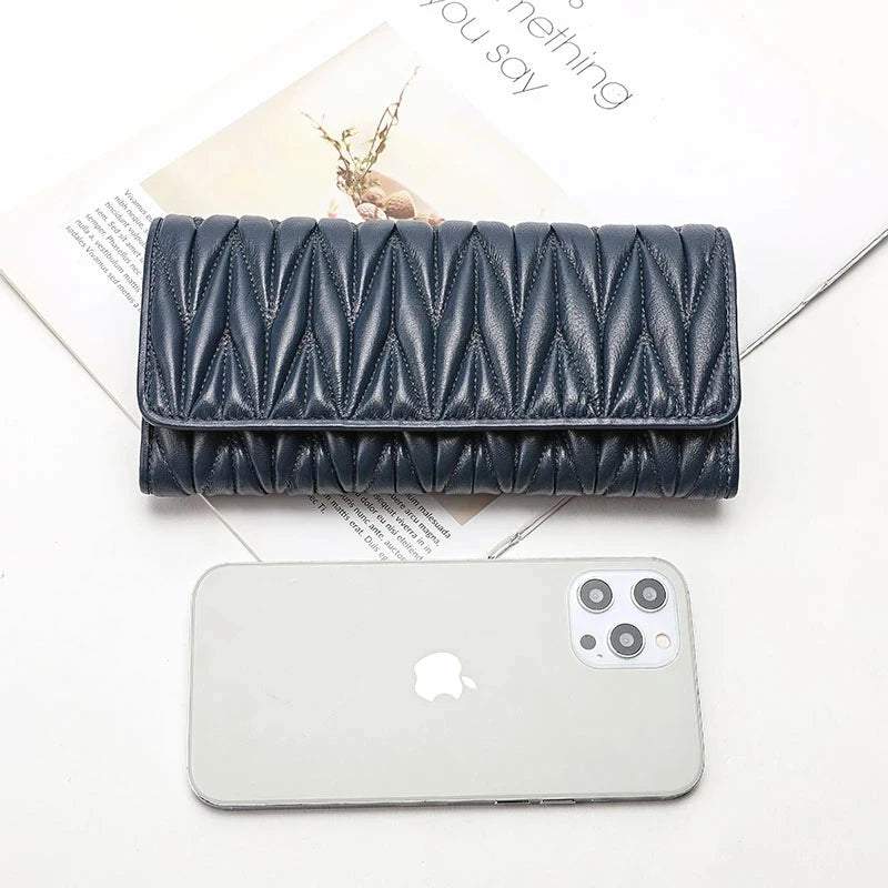 Genuine Sheepskin Leather Long Wallet for Women – Pleated Clutch Purse