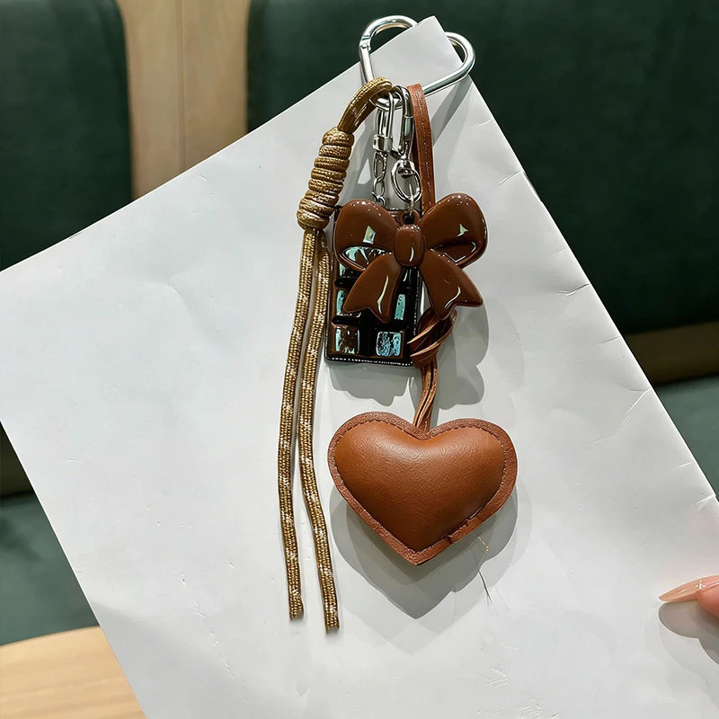 PU Leather Heart & Bow Keychain with Woven Rope Tassel
