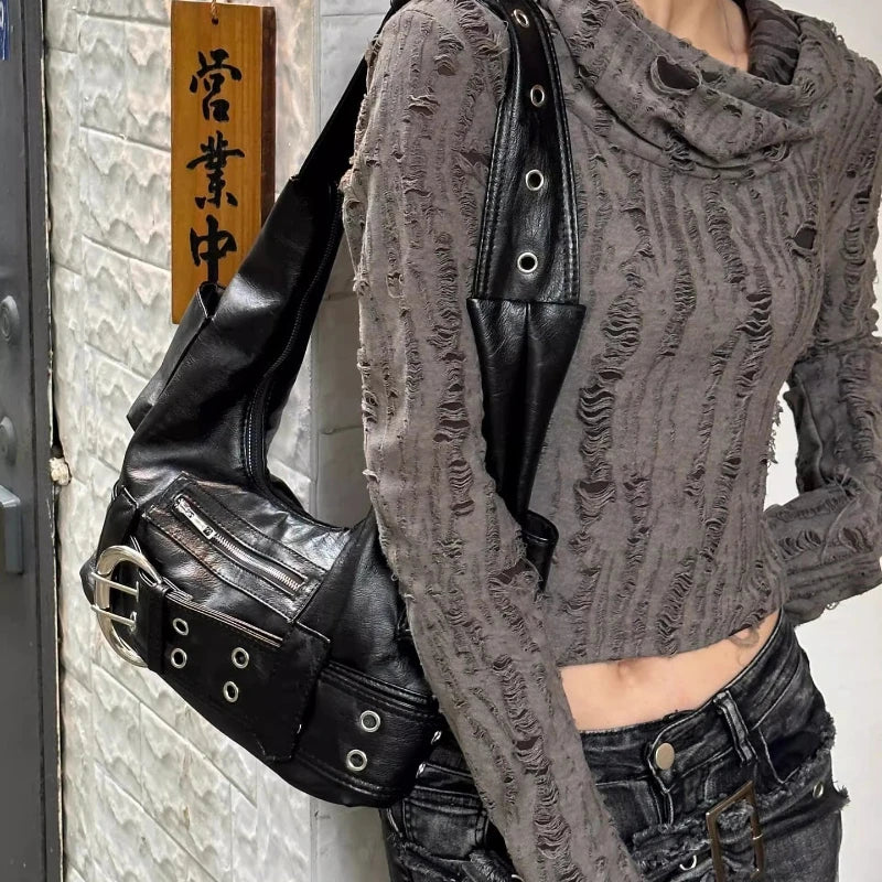 Y2K Belt Buckle Shoulder Bag – Edgy PU Leather Purse for Women