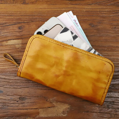 Genuine Leather Long Wallet – Vintage Zipper Clutch for Men & Women