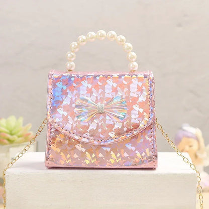 Cute Mini Girls Crossbody Bag – Glitter Bow Purse with Pearl Handle