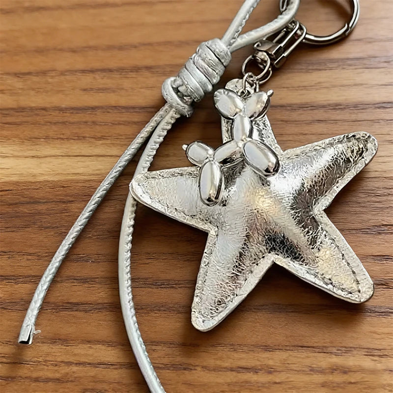 Leather Star Bag Charm Keychain with Braided Rope