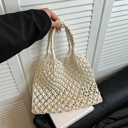 Boho Woven Tote Bag – Handmade Hollow Knit Beach Handbag