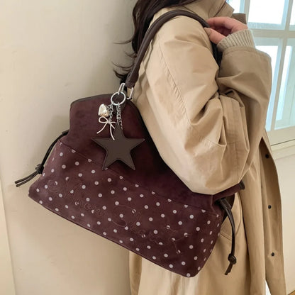 Vintage Polka Dot Tote Bag with Charm – Large Capacity