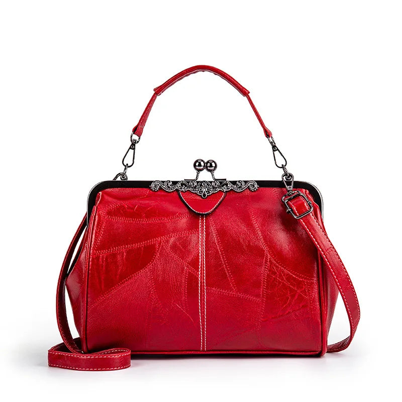 Luxury Leather Kiss-Lock Crossbody Handbag for Women