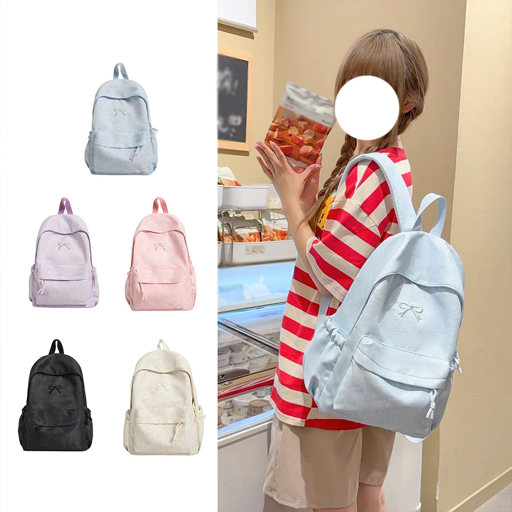 Bow Embroidery Pastel Backpack for Teen Girls – Cute School Bag