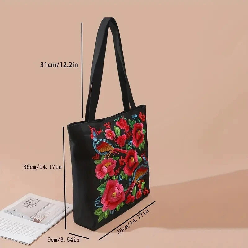 Embroidered Canvas Tote Bag – Ethnic Floral & Phoenix Shoulder Bag