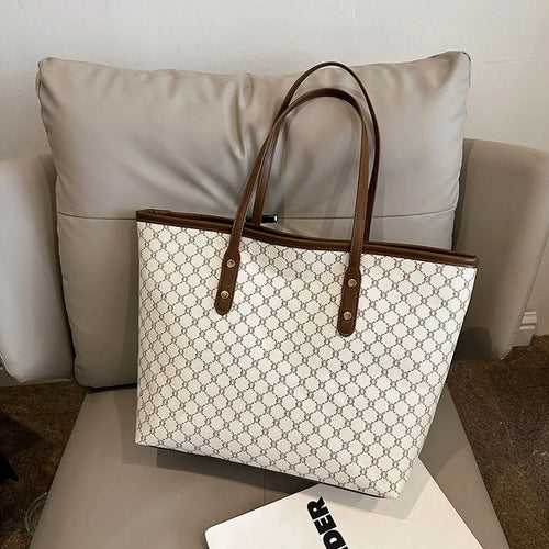 Large Capacity Tote Bag for Women – Monogram PU Leather Shoulder Bag
