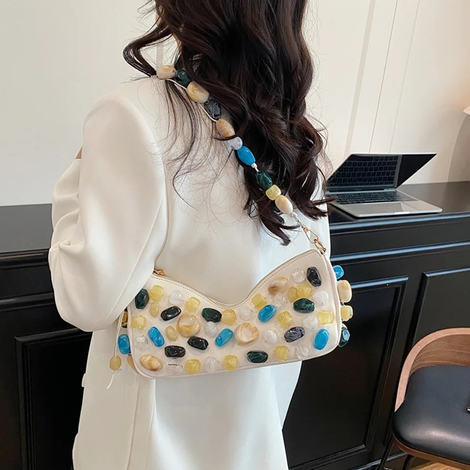 Stone-Embellished Evening Clutch Bag for Women – Baguette Shoulder Handbag
