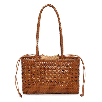 Handmade Woven Leather Tote Bag – Hollow Drawstring Shoulder Bag