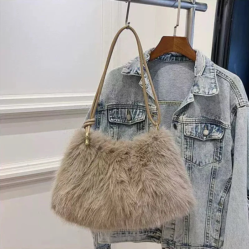 Faux Rabbit Fur Plush Shoulder Bag – Women's Luxury Tote