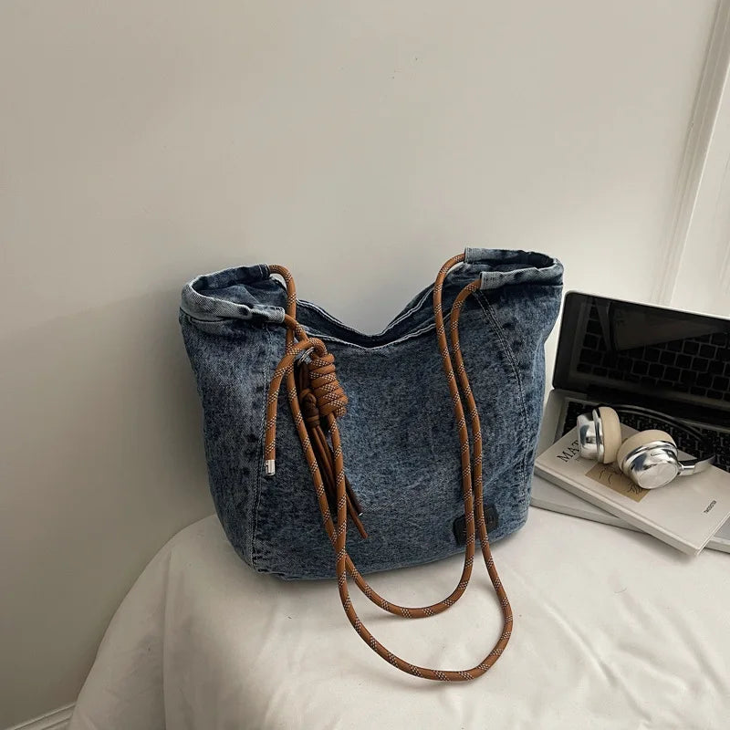 Crossbody Bag Women Vintage Washed Denim Shoulder Large Capacity Comfortable Versatile Texture Bags