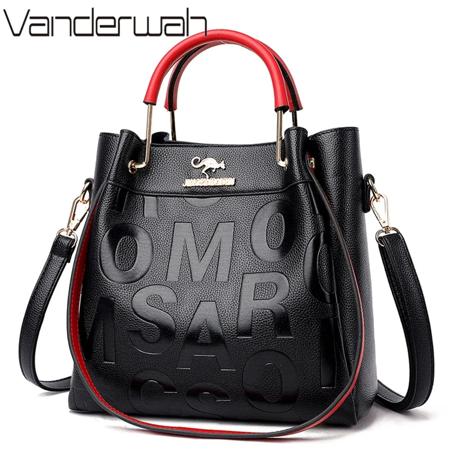 Letter-Embossed PU Leather Women's Handbag – 3-Layer Luxury Tote