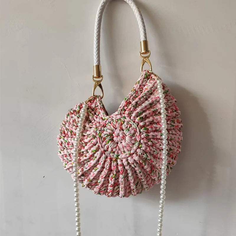 Crochet Conch Shoulder Bag with Pearl Chain – Handmade Woven Bag