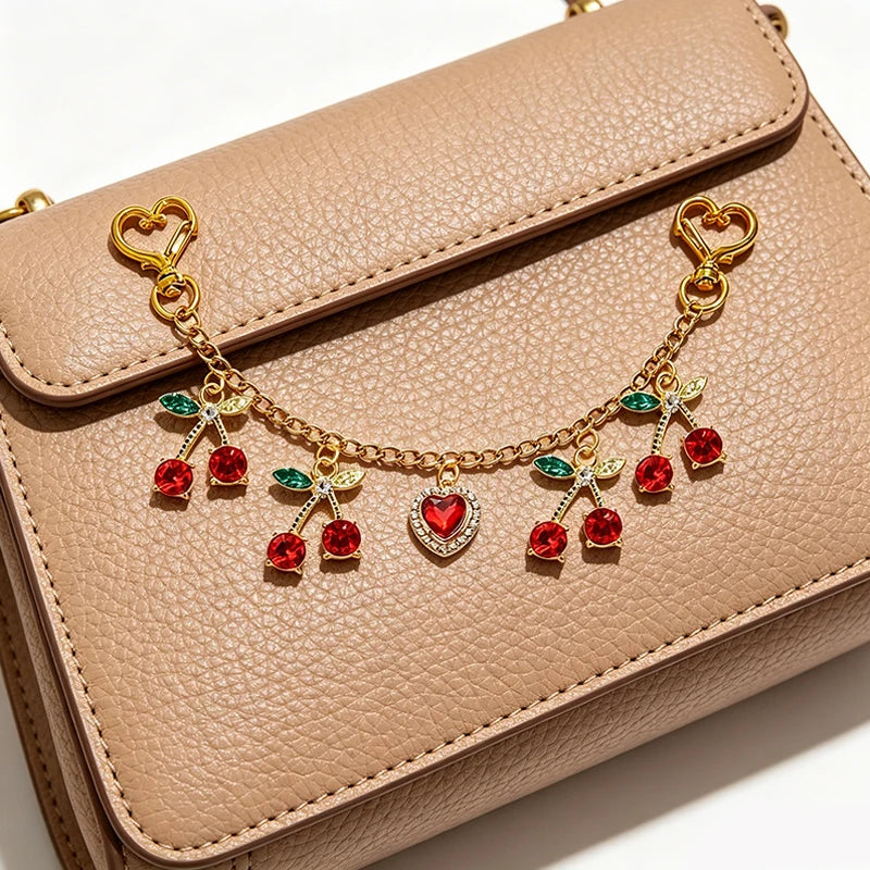 Cherry & Heart Bag Charm – Glass Stone Chain Jewelry Pendant