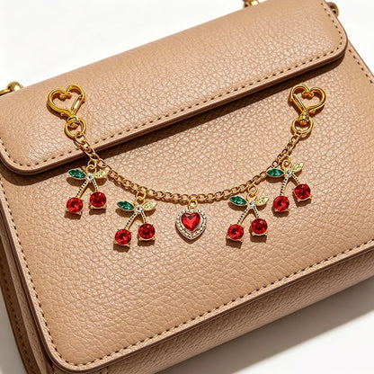 Cherry & Heart Bag Charm – Glass Stone Chain Jewelry Pendant