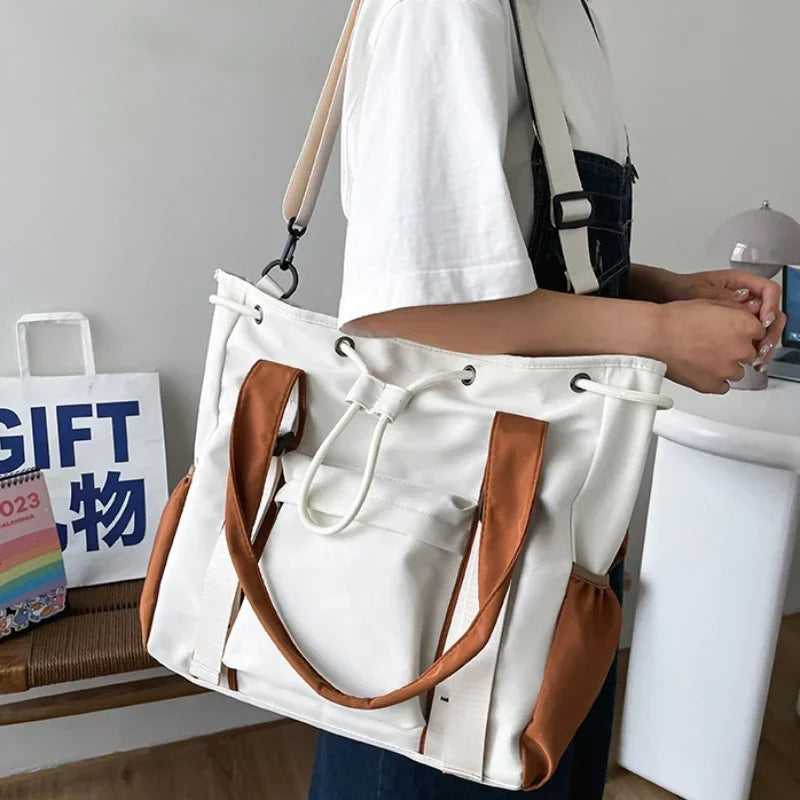 Large Waterproof Nylon Tote Bag – Multi-Pocket Drawstring Shoulder Bag for Women