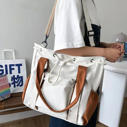 Large Waterproof Nylon Tote Bag – Multi-Pocket Drawstring Shoulder Bag for Women