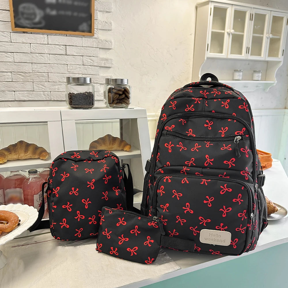 Bow Print Women's Backpack Set – Lightweight 3-Piece School Bag