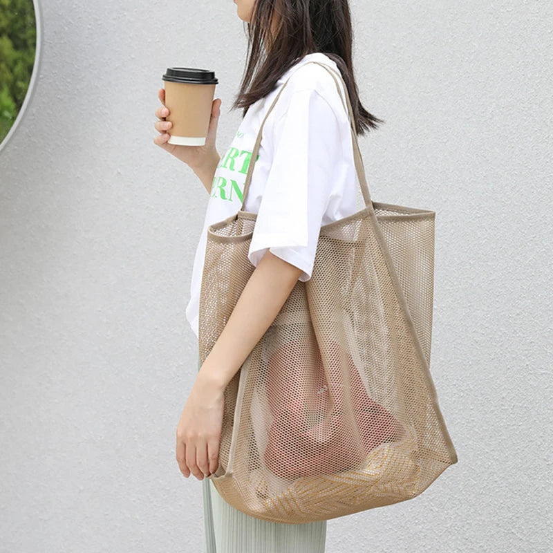 Mesh Tote Bag – Large Capacity Shoulder Bag for Beach, Travel & School