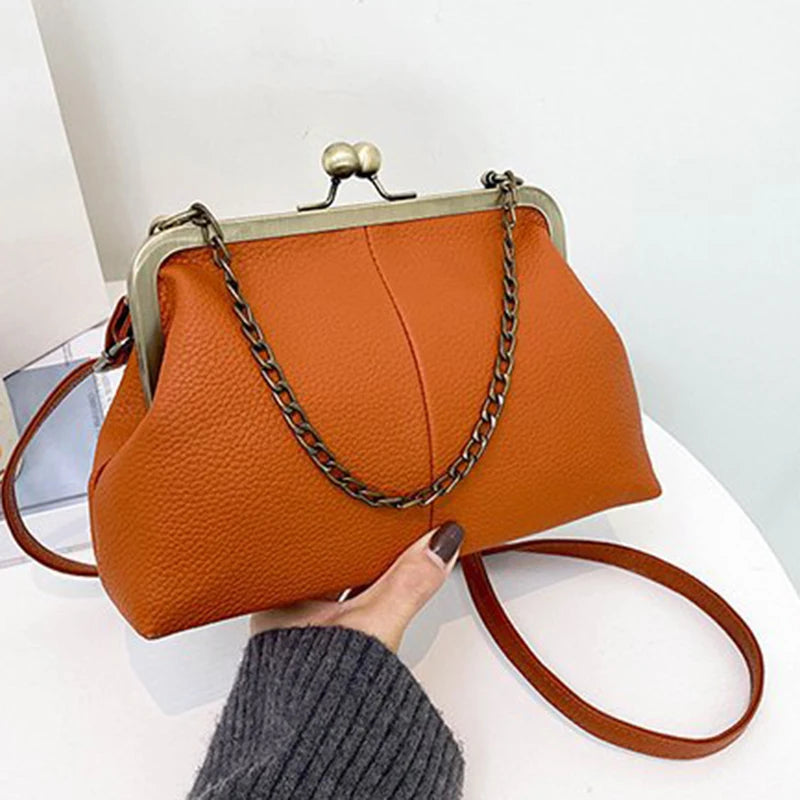Vintage Kiss-Lock Chain Crossbody Bag for Women – Lychee Leather