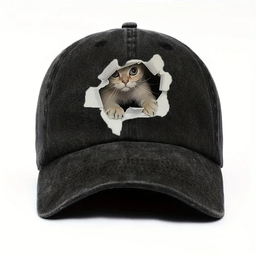 Cute Cat Print Baseball Cap – Funny Washed Cotton Adjustable Hat for Men & Women