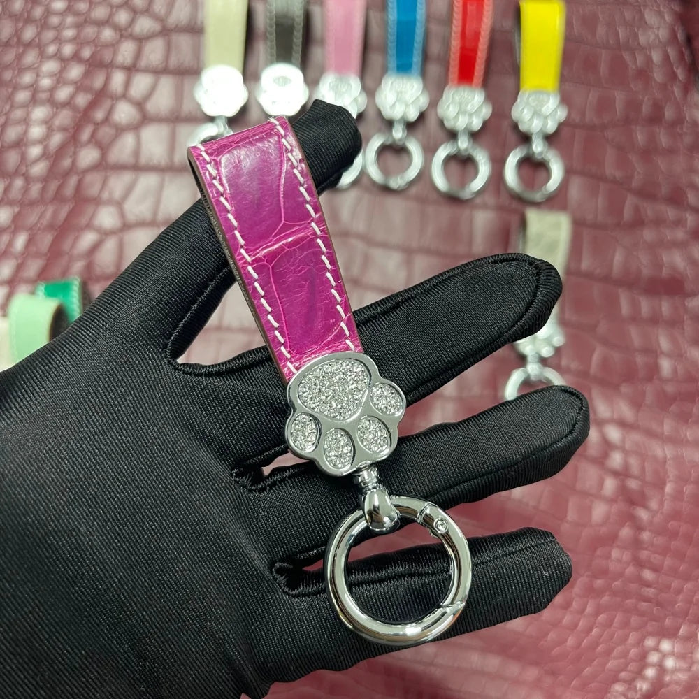 Genuine Crocodile Leather Cat Paw Rhinestone Keychain