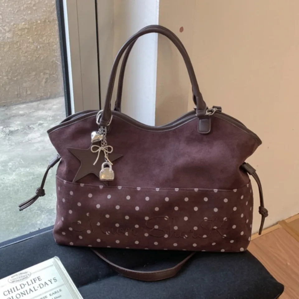Vintage Polka Dot Tote Bag with Charm – Large Capacity