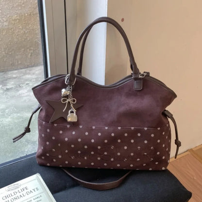 Vintage Polka Dot Tote Bag with Charm – Large Capacity