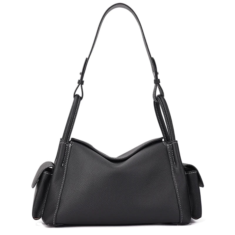 Genuine Cowhide Leather Hobo Shoulder Bag – Pebbled Minimalist Style