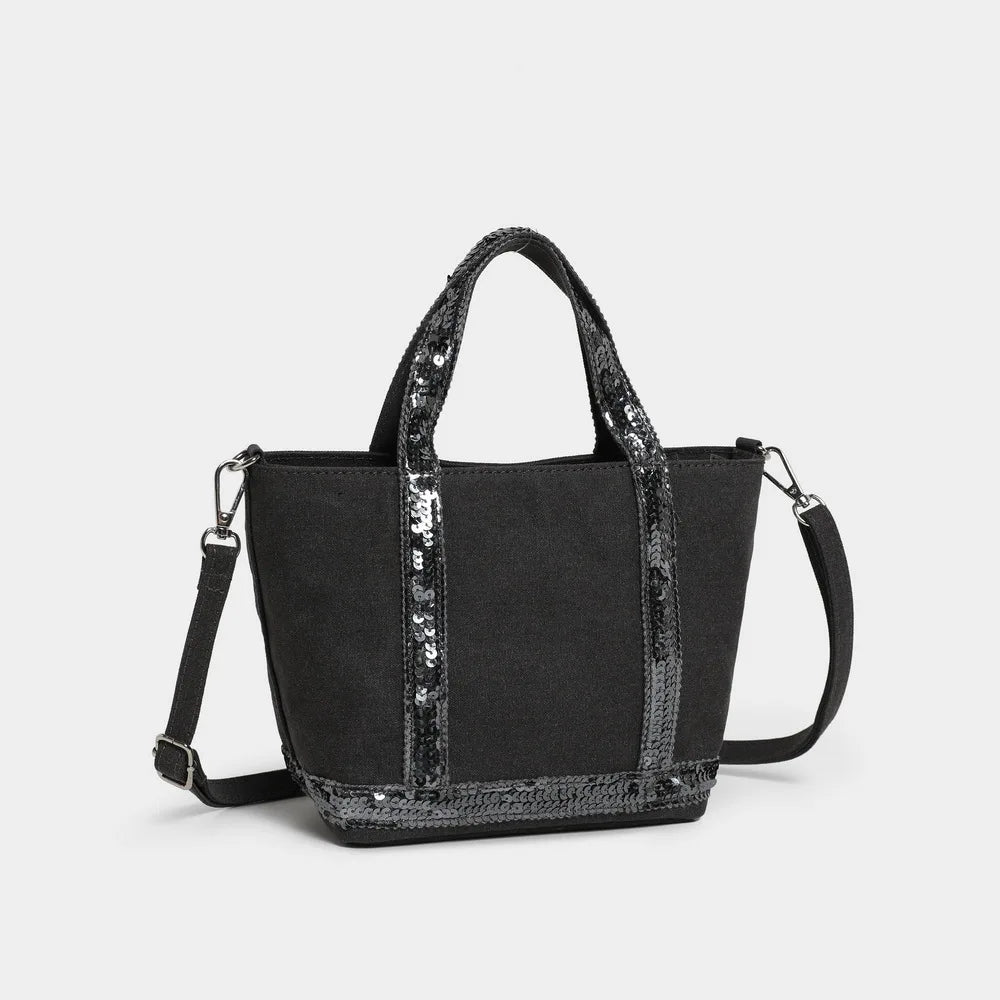 French Sequined Tote Bag Women Luxury Large Bucket Vintage Casual Woven Commuter Canvas Shopper