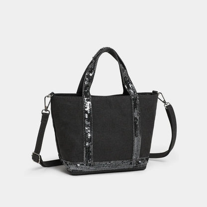 French Sequined Tote Bag Women Luxury Large Bucket Vintage Casual Woven Commuter Canvas Shopper