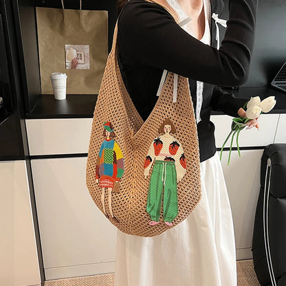 Crochet Knit Shoulder Tote Bag with Embroidery – Large Capacity