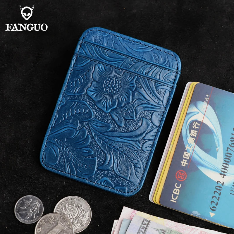 Genuine Leather Card Holder – Slim Floral Embossed Credit Card Wallet