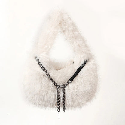 Fluffy Plush Shoulder Bag - Luxury Metal Chain Handbag for Women