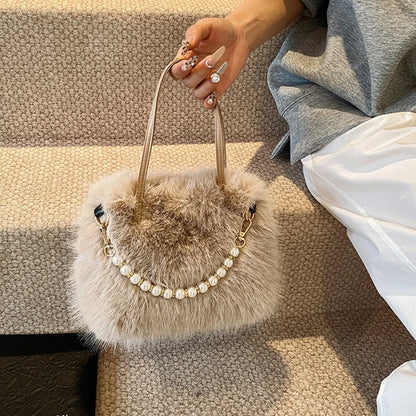 Faux Fur Shoulder Bag with Pearl Chain Handle