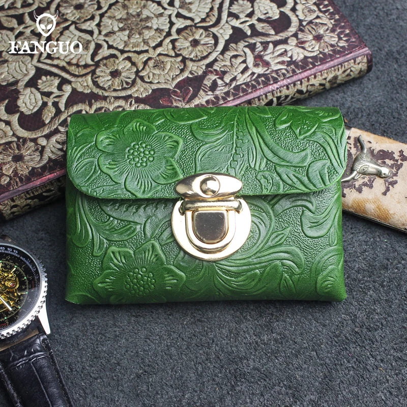 Genuine Leather Card Holder Wallet with Floral Embossing & Twist Lock
