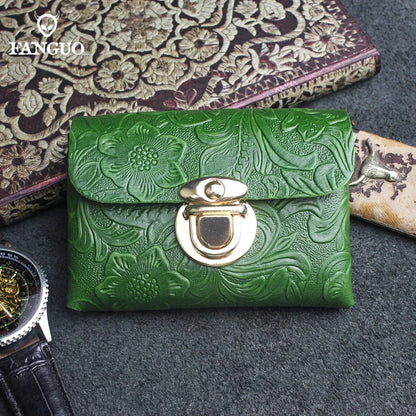Genuine Leather Card Holder Wallet with Floral Embossing & Twist Lock