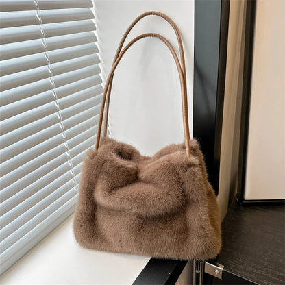 Fluffy Plush Shoulder Tote Bag – Soft Faux Fur Top-Handle Handbag