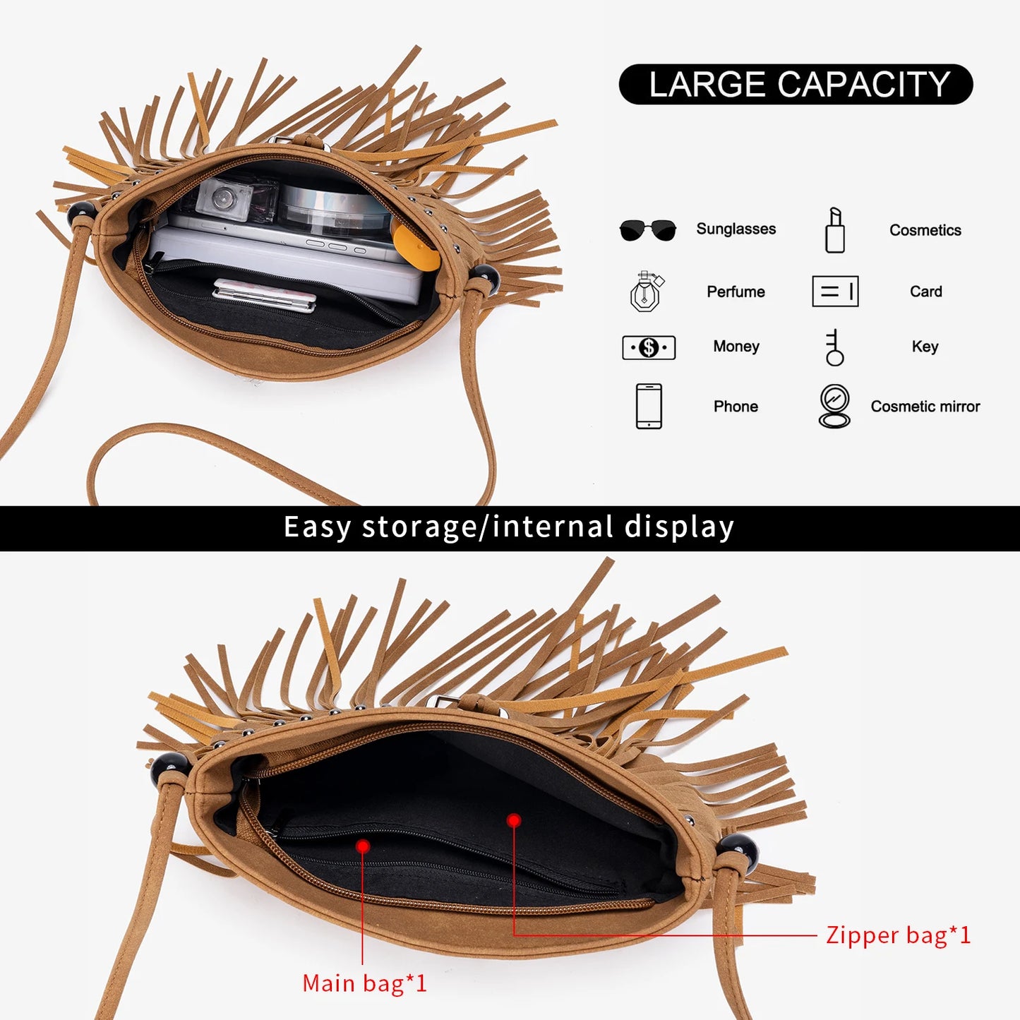 Boho Tassel Crossbody Bag for Women – Studded Fringe Shoulder Bag