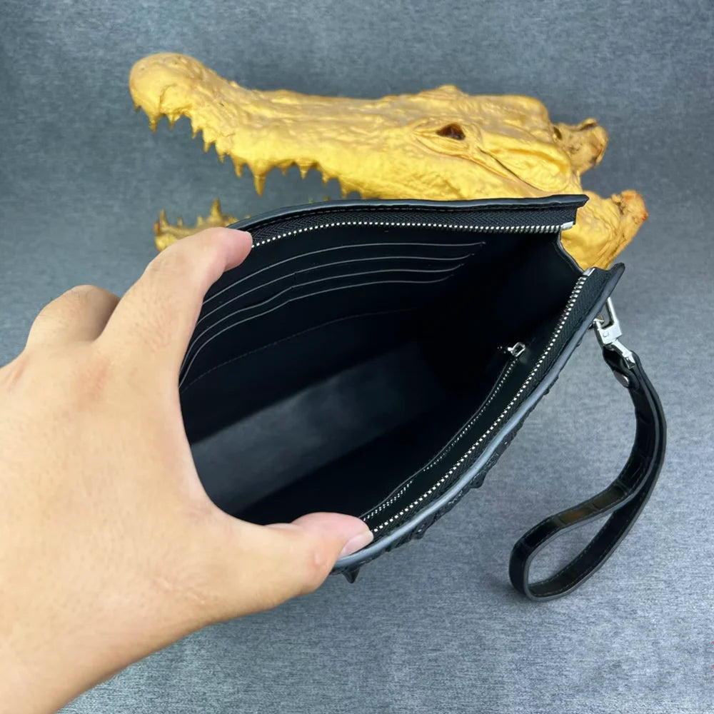 Crocodile Back Leather Wrist Clutch for Men – Large Black
