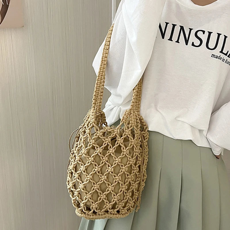 Straw Woven Bucket Bag for Women – Boho Beach Handbag