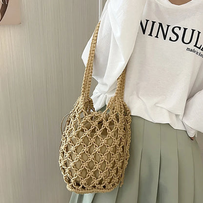Straw Woven Bucket Bag for Women – Boho Beach Handbag